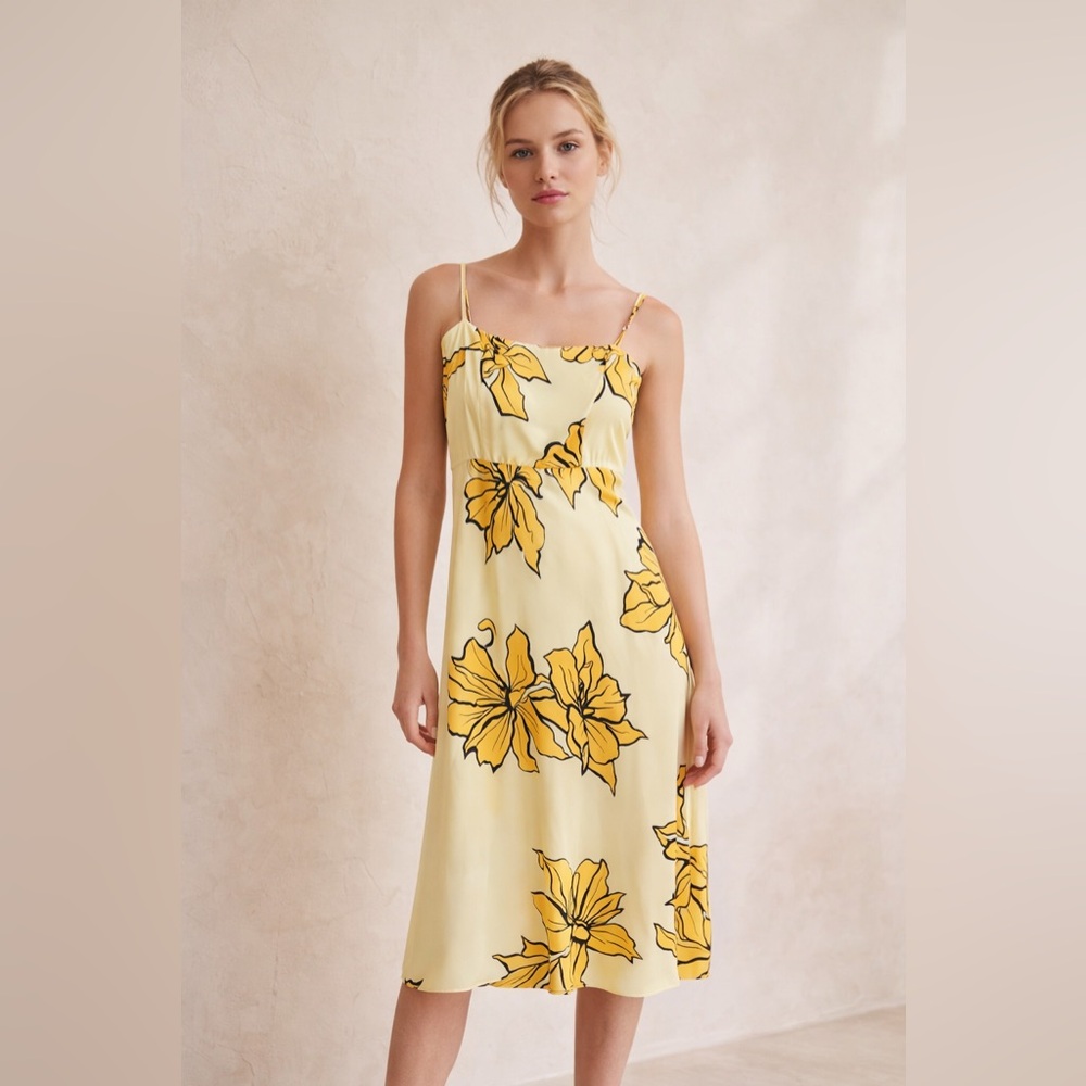 Anthropologie Hutch Satin hibiscus midi Dress yellow Feminine Floral Size 8